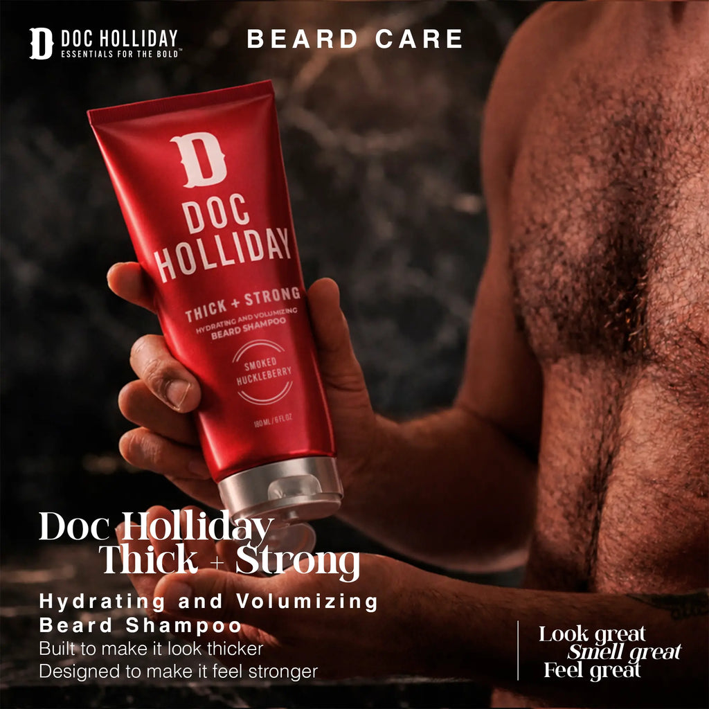 Thick + Strong Hydrating and Volumizing Beard Shampoo – Smoked Huckleberry Doc Holliday Essentials